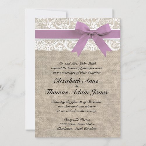 White Lace Rustic Burlap Wedding Invitation Purple
