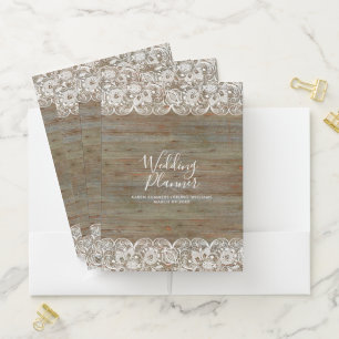 White Lace & Rustic Faux Wood Wedding Design Pocket Folder