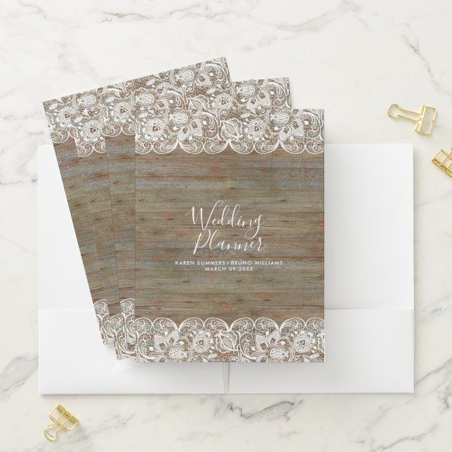 White Lace & Rustic Faux Wood Wedding Design Pocket Folder (In Situ)