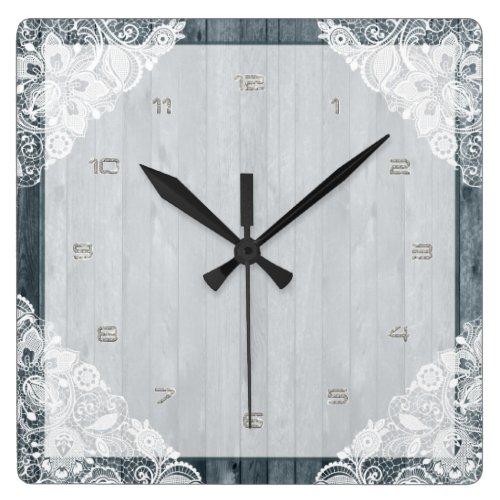White Lace & Rustic Weathered Faux Wood Square Wallclocks