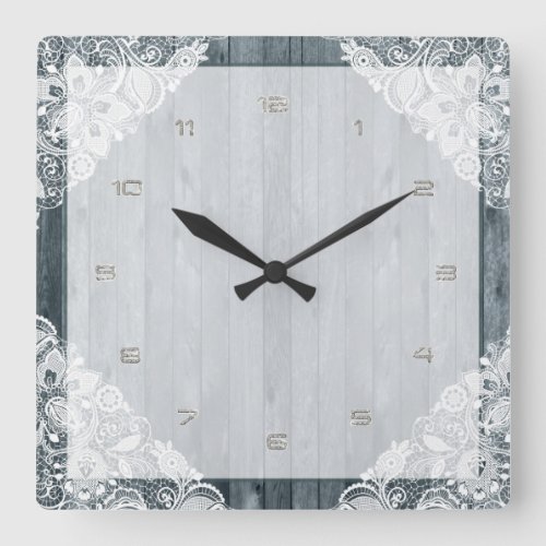 White Lace  Rustic Weathered Faux Wood Square Wall Clock