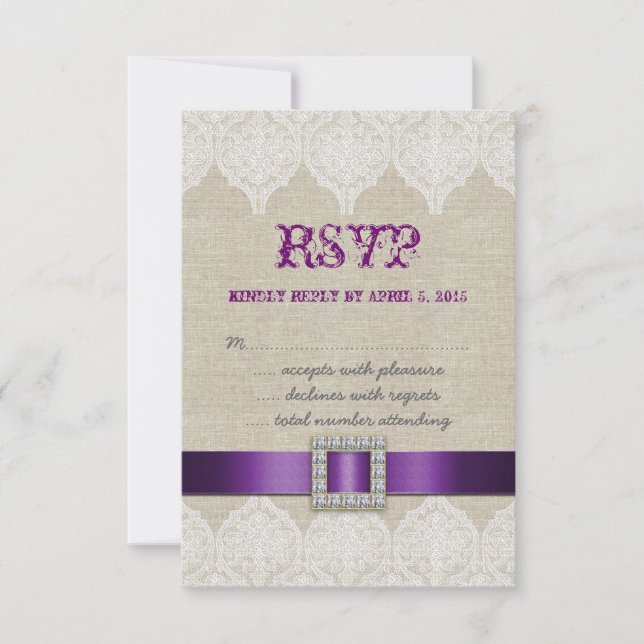 White Lace Rustic Wedding RSVP Purple Linen Card (Front)