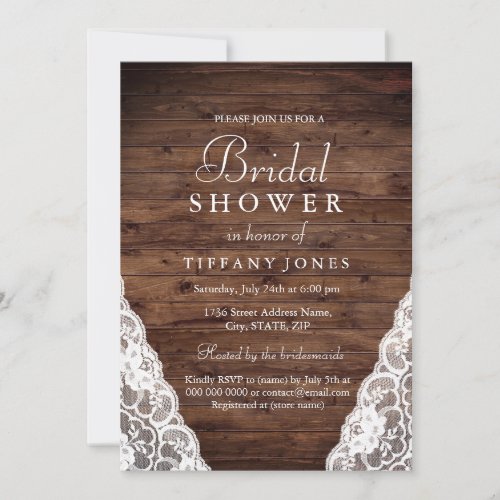 White Lace Rustic Wood Vintage Bridal Shower Invitation