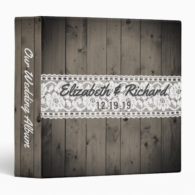 White Lace Rustic Wood Wedding Planner Monogrammed 3 Ring Binder (Front/Spine)