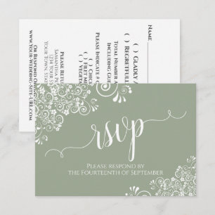 White Lace Sage Green Elegant Calligraphy Wedding RSVP Card