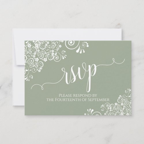 White Lace Sage Green Elegant Calligraphy Wedding RSVP Card