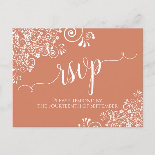 White Lace Script on Terracotta Coral Wedding RSVP Postcard