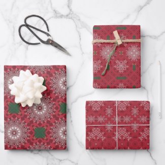 White Lace Snowflake Ornaments On Dark Red Mosaic