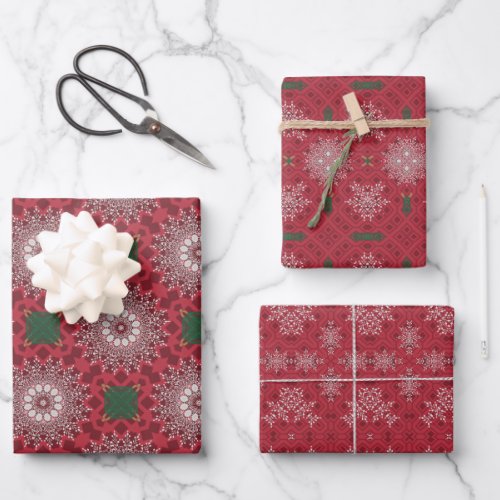 White Lace Snowflake Ornaments On Dark Red Mosaic Wrapping Paper Sheets