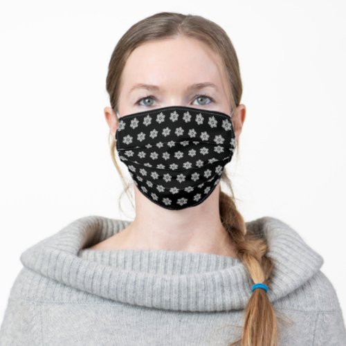 white lace snowflakes on black adult cloth face mask