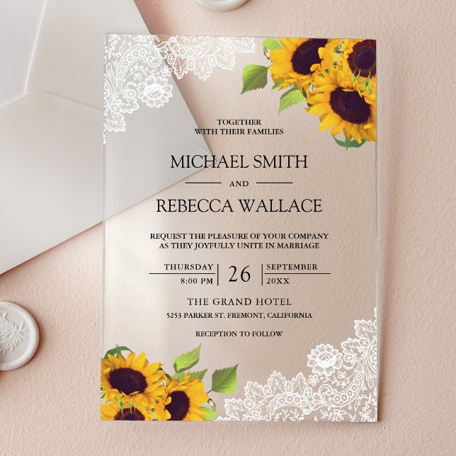 White Lace Sunflowers Wedding Acrylic Invitations (Creator Uploaded)