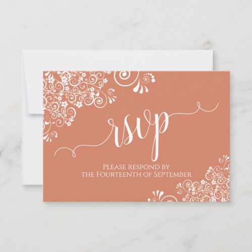 White Lace Terracotta Coral Elegant Script Wedding RSVP Card