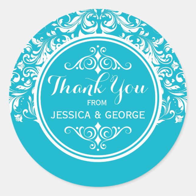 White Lace Turquoise Background Thank You 2 Classic Round Sticker (Front)
