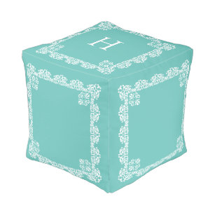 White Lace Vector & Monogram on Teal Turquoise Pouf