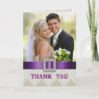 White Lace Vintage Wedding Photo Thank You Purple Card