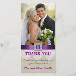 White Lace Vintage Wedding Thank You Photo Purple Card