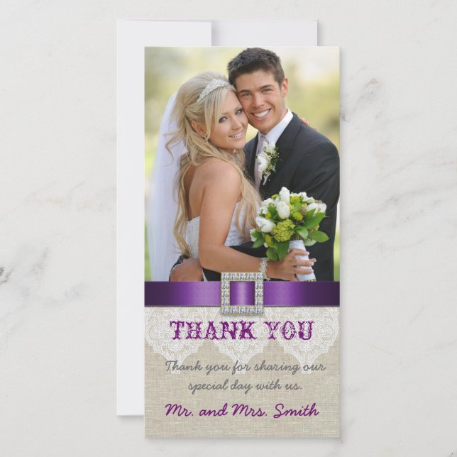 White Lace Vintage Wedding Thank You Photo Purple Card (Front)