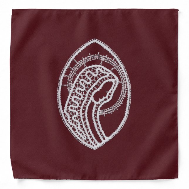 White Lace Virgin Mary Design on Red Velvet Bandana (Front)