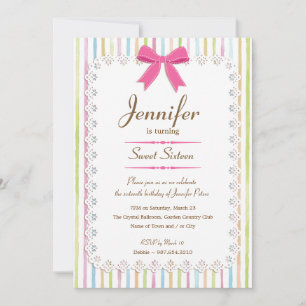 White Lace Watercolor Candy Stripes Sweet 16 Invitation
