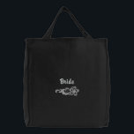 White Lace Wedding - Bride Tote<br><div class="desc">Delightfully elegant and romantic embroidered lace design on black with text saying Bride. Matching hat and tote in this lace wedding theme.</div>