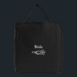 White Lace Wedding - Bride Tote<br><div class="desc">Delightfully elegant and romantic embroidered lace design on black with text saying Bride. Matching hat and tote in this lace wedding theme.</div>
