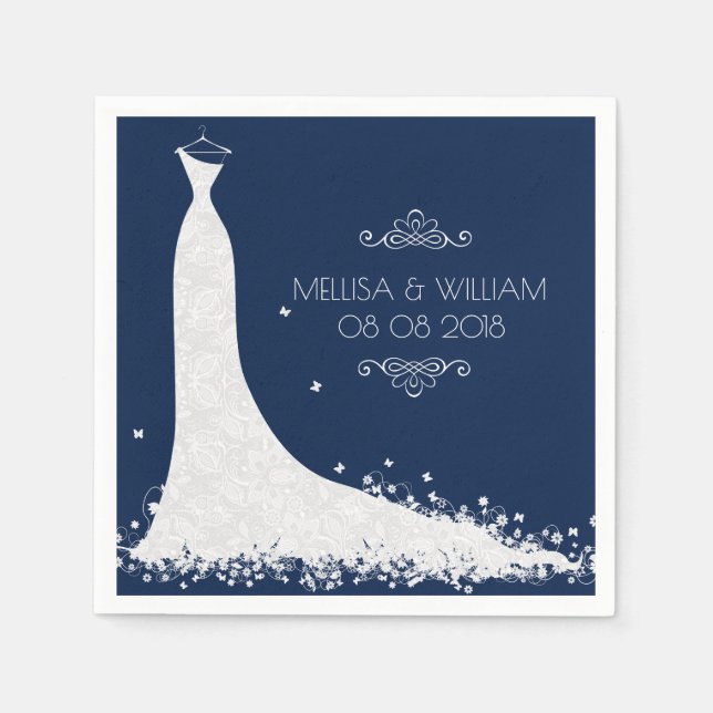White Lace Wedding Gown & Blue Background Napkins (Front)