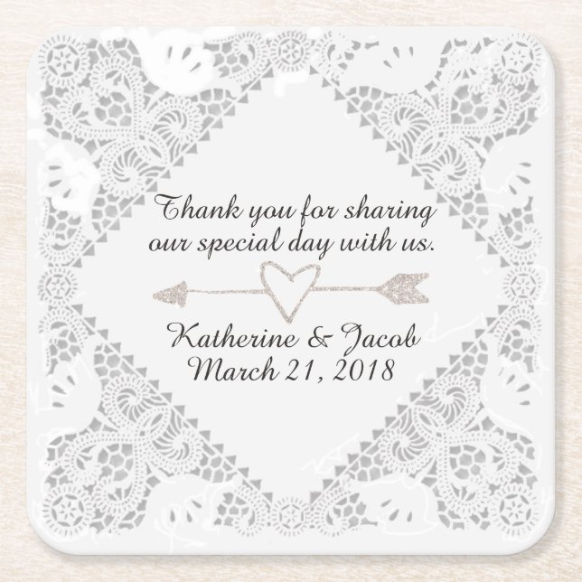 White Lace Wedding Thank You Favor Paper Coaster (Front)