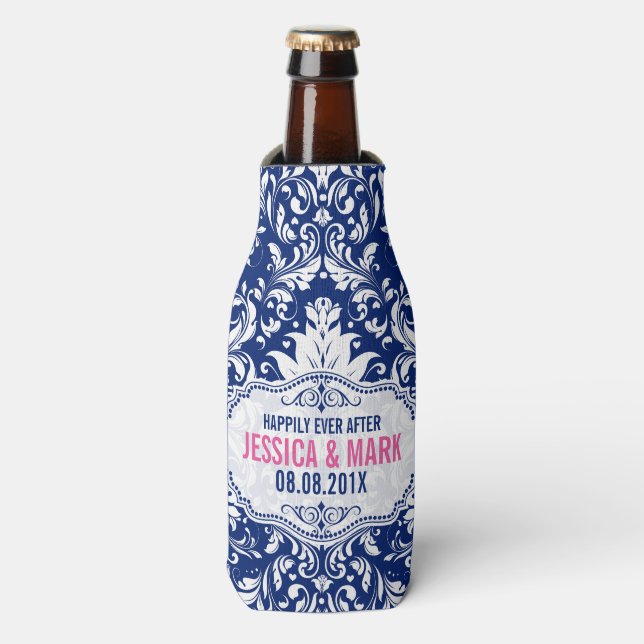 White Lace With Blue Background Pink Accent 3b Bottle Cooler (Bottle Front)
