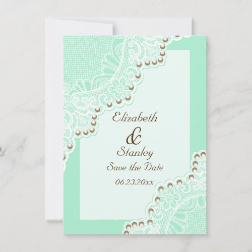 White lace with pearls mint wedding Save the Date