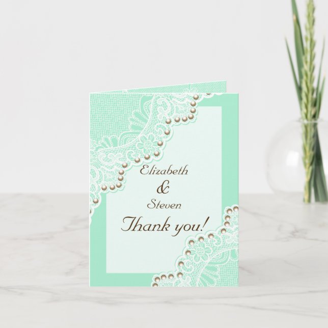 White lace with pearls mint wedding Thank You Card (Front)