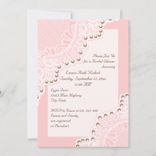 White lace with pearls pink wedding bridal shower cards