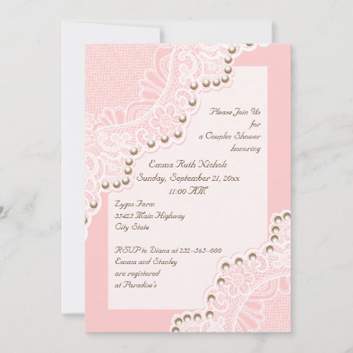 white lace with pearls pink wedding couples shower invitation