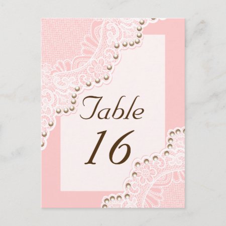 White Lace With Pearls Pink Wedding Table Number