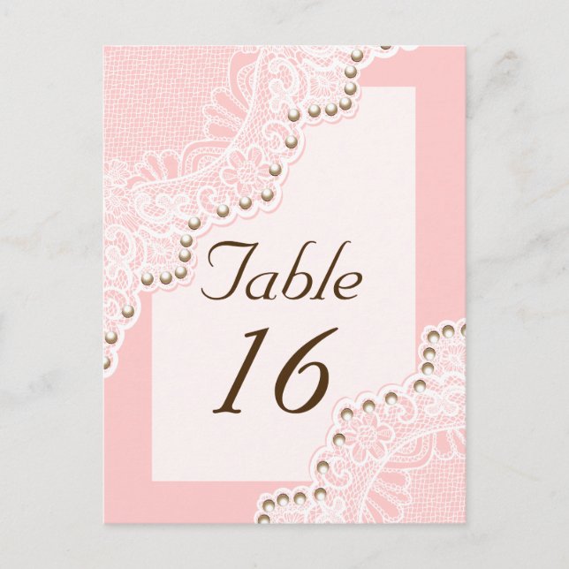 White lace with pearls pink wedding table number (Front)