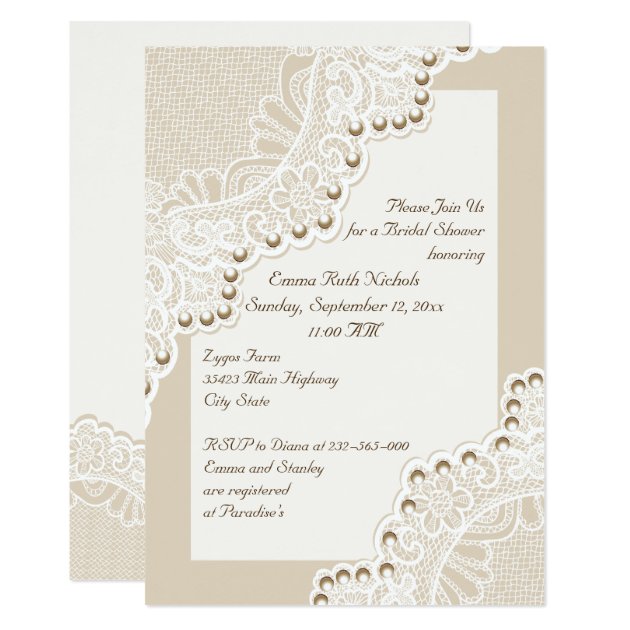 White Lace With Pearls Wedding Bridal Shower Invitation