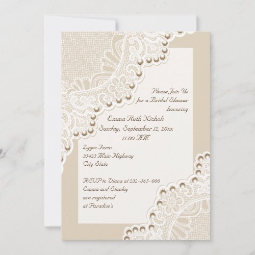 White lace with pearls wedding bridal shower invitation