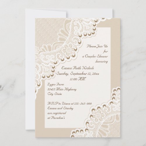 White lace with pearls wedding couples shower invitation