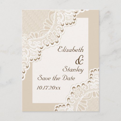 White lace with pearls wedding Save the Date Announcement Postcard
