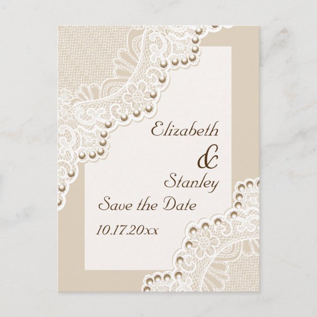 White lace with pearls wedding Save the Date Announcement Postcard (Front)