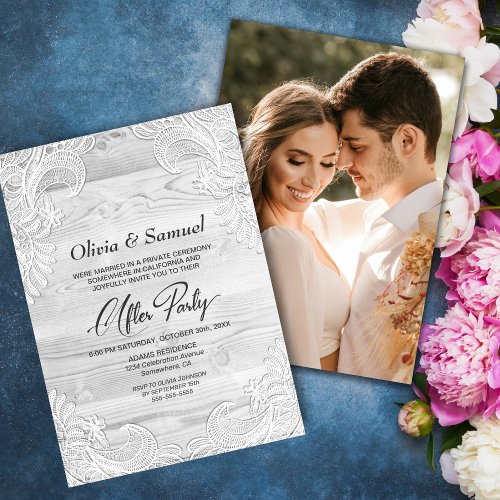 White Lace Wood Custom Photo Wedding After Party Invitation