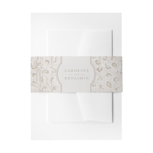 White lace wood rustic country wedding invitation belly band (Front Example)