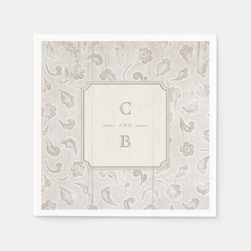 White lace wood rustic country wedding monogram napkins