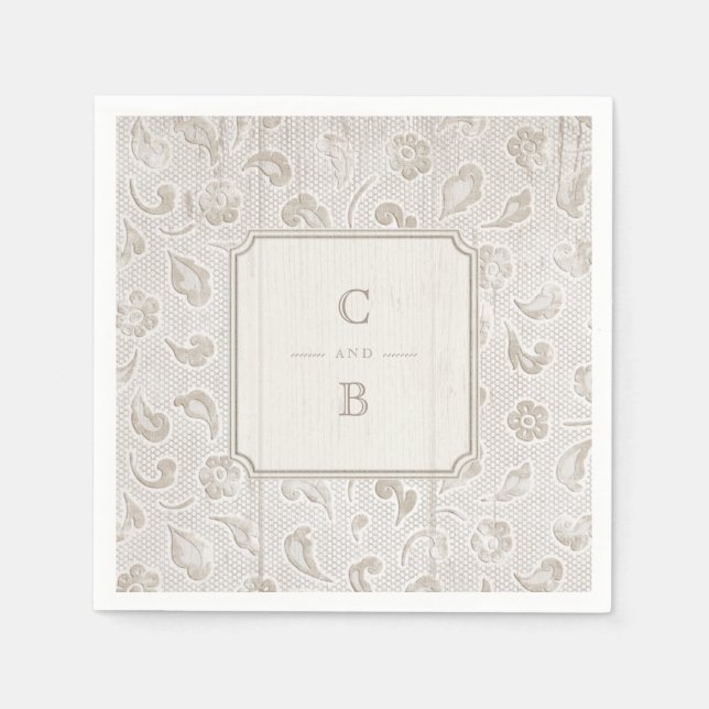 White lace wood rustic country wedding monogram napkins (Front)