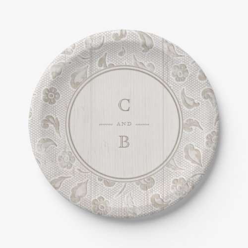 White lace wood rustic country wedding monogram paper plates
