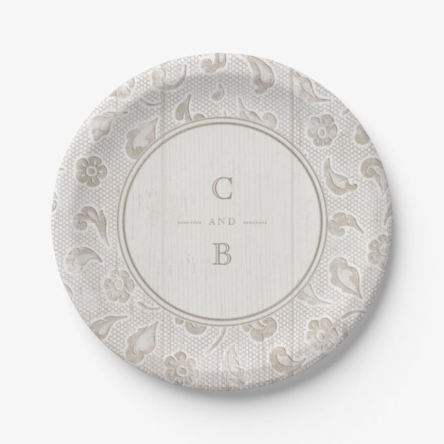 White lace wood rustic country wedding monogram paper plates (Front)