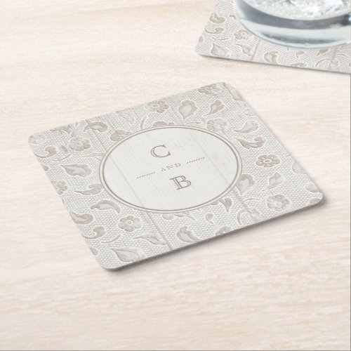 White lace wood rustic country wedding monogram square paper coaster