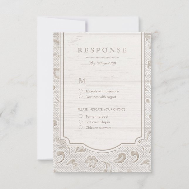 White lace wood rustic country wedding RSVP (Front)