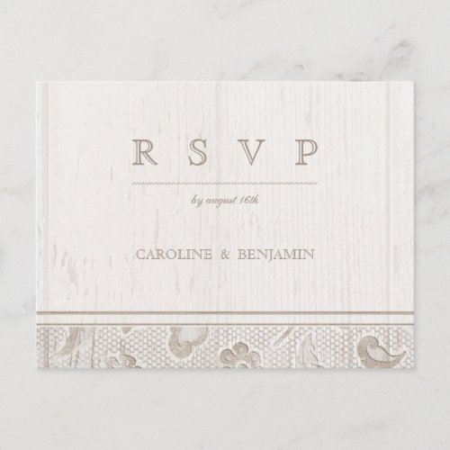 White lace wood rustic country wedding RSVP Invitation Postcard