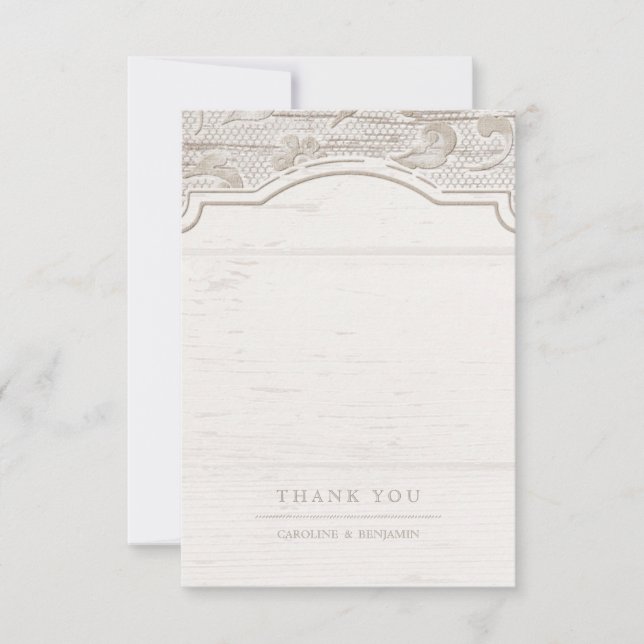 White lace wood rustic country wedding thank you card (Front)