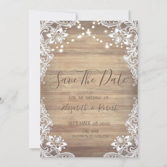 White Lace, Wood Texture, Lights Save The Date (Front)